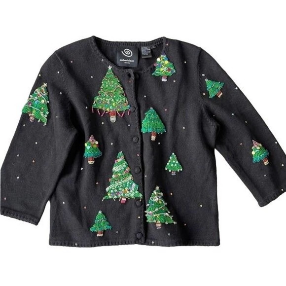 Michael Simon Cardigan Christmas Trees Black Sweater Party Wearable Art Sz Small - Picture 1 of 7